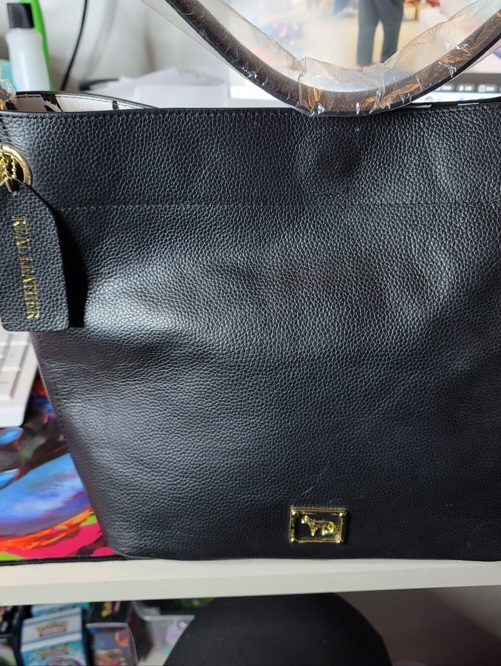 Emma Fox Black Tote Shoulder Bag Snap Closure Gold Hardware Logo